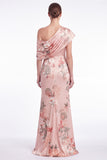 Vestido Maxi de Sereia Franzido de Um Ombro em Flor Cor-de-Rosa