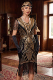 Vestido Curto Bodycon dos anos 1920 vermelho dourado com decote em V e lantejoulas