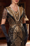Vestido Curto Bodycon dos anos 1920 vermelho dourado com decote em V e lantejoulas