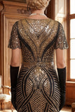 Vestido Curto Bodycon dos anos 1920 vermelho dourado com decote em V e lantejoulas
