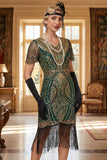 Vestido Curto Bodycon dos anos 1920 vermelho dourado com decote em V e lantejoulas