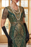 Vestido Curto Bodycon dos anos 1920 vermelho dourado com decote em V e lantejoulas
