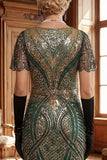 Vestido Curto Bodycon dos anos 1920 vermelho dourado com decote em V e lantejoulas