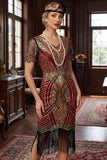 Vestido Curto Bodycon dos anos 1920 vermelho dourado com decote em V e lantejoulas
