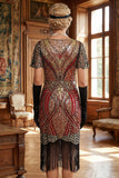 Vestido Curto Bodycon dos anos 1920 vermelho dourado com decote em V e lantejoulas