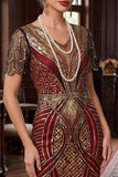 Vestido Curto Bodycon dos anos 1920 vermelho dourado com decote em V e lantejoulas