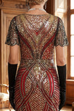 Vestido Curto Bodycon dos anos 1920 vermelho dourado com decote em V e lantejoulas