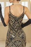 Vestido Bodycon Midi dos anos 1920 com Lantejoulas Brilhantes e Bainha Franja