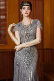 Mangas esvoaçantes cinzentas cinzentas brilhantes Vestido comprido dos anos 1920 com lantejoulas