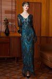 Vestido preto azul de lantejoulas com decote em V e mangas meias, vestido comprido dos anos 1920 com contas