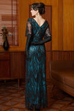 Vestido preto azul de lantejoulas com decote em V e mangas meias, vestido comprido dos anos 1920 com contas