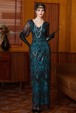 Vestido preto azul de lantejoulas com decote em V e mangas meias, vestido comprido dos anos 1920 com contas