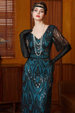 Vestido preto azul de lantejoulas com decote em V e mangas meias, vestido comprido dos anos 1920 com contas