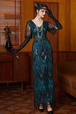 Vestido preto azul de lantejoulas com decote em V e mangas meias, vestido comprido dos anos 1920 com contas