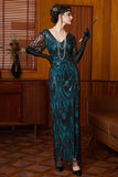 Vestido preto azul de lantejoulas com decote em V e mangas meias, vestido comprido dos anos 1920 com contas