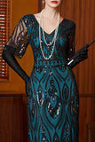 Vestido preto azul de lantejoulas com decote em V e mangas meias, vestido comprido dos anos 1920 com contas