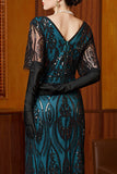 Vestido preto azul de lantejoulas com decote em V e mangas meias, vestido comprido dos anos 1920 com contas