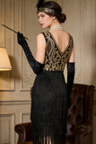 Vestido de festa do Grande Gatsby dos anos 1920 com franjas bordadas douradas