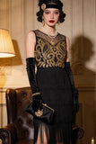Vestido de festa do Grande Gatsby dos anos 1920 com franjas bordadas douradas