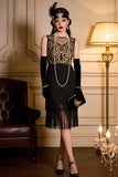 Vestido de festa do Grande Gatsby dos anos 1920 com franjas bordadas douradas