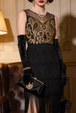 Vestido de festa do Grande Gatsby dos anos 1920 com franjas bordadas douradas