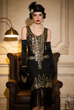 Vestido de festa vintage com lantejoulas pretas douradas e lantejoulas Great Gatsby dos anos 1920