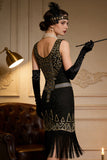 Vestido de festa vintage com lantejoulas pretas douradas e lantejoulas Great Gatsby dos anos 1920
