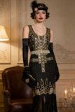 Vestido de festa vintage com lantejoulas pretas douradas e lantejoulas Great Gatsby dos anos 1920