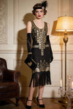 Vestido de festa vintage com lantejoulas pretas douradas e lantejoulas Great Gatsby dos anos 1920