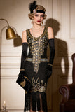 Vestido de festa vintage com lantejoulas pretas douradas e lantejoulas Great Gatsby dos anos 1920