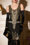 Vestido de festa vintage com lantejoulas pretas douradas e lantejoulas Great Gatsby dos anos 1920