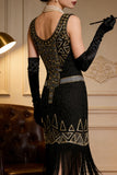 Vestido de festa vintage com lantejoulas pretas douradas e lantejoulas Great Gatsby dos anos 1920