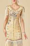 Vestido dos anos 1920 Bodycon Brilhante Decote em V, Lantejoulas com franjas nos ombros