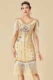 Vestido dos anos 1920 Bodycon Brilhante Decote em V, Lantejoulas com franjas nos ombros