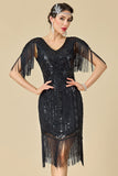 Vestido dos anos 1920 Bodycon Brilhante Decote em V, Lantejoulas com franjas nos ombros