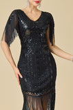 Vestido dos anos 1920 Bodycon Brilhante Decote em V, Lantejoulas com franjas nos ombros