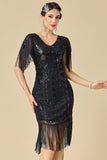 Vestido dos anos 1920 Bodycon Brilhante Decote em V, Lantejoulas com franjas nos ombros
