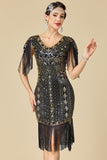 Vestido dos anos 1920 Bodycon Brilhante Decote em V, Lantejoulas com franjas nos ombros