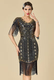 Vestido dos anos 1920 Bodycon Brilhante Decote em V, Lantejoulas com franjas nos ombros
