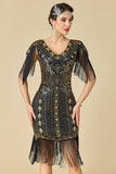 Vestido dos anos 1920 Bodycon Brilhante Decote em V, Lantejoulas com franjas nos ombros