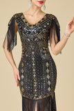 Vestido dos anos 1920 Bodycon Brilhante Decote em V, Lantejoulas com franjas nos ombros