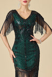 Vestido dos anos 1920 Bodycon Brilhante Decote em V, Lantejoulas com franjas nos ombros