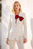 Fato de casamento feminino com lapela de fato preto às bolinhas, fato de lapela com laço