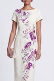 Vestido de trabalho Midi com gola branca e gola barco com bordado floral e lantejoulas midi