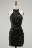 Vestido Curto de Boas-Vindas, Pérolas Pretas Bodycon Bodycon, Pérolas Curtas e Renda nas Costas