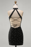 Vestido Curto de Boas-Vindas, Pérolas Pretas Bodycon Bodycon, Pérolas Curtas e Renda nas Costas
