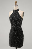 Vestido Curto de Boas-Vindas, Pérolas Pretas Bodycon Bodycon, Pérolas Curtas e Renda nas Costas