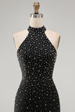 Vestido Curto de Boas-Vindas, Pérolas Pretas Bodycon Bodycon, Pérolas Curtas e Renda nas Costas