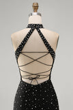Vestido Curto de Boas-Vindas, Pérolas Pretas Bodycon Bodycon, Pérolas Curtas e Renda nas Costas