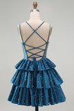 Vestidos de regresso a casa curtos com folhos da linha A azul A com folhos e contas